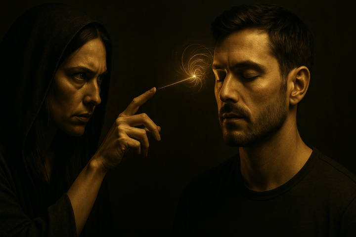 Fotorealistische Szene in gold-dunklen Tönen, in der eine verhüllte Frau einem Mann Energie auf die Stirn projiziert, visualisiert Manipulation, Fremdeinfluss und die Möglichkeit, mit Remorphing frei zu denken.