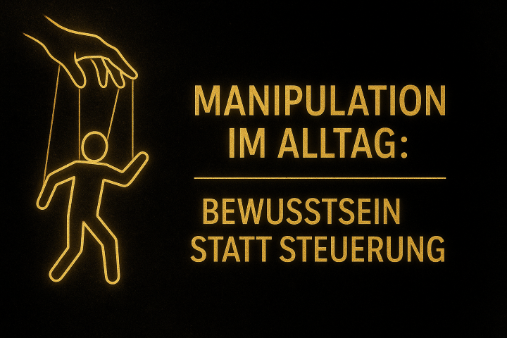 Gold-schwarze Illustration einer Marionettenfigur an Fäden neben dem Schriftzug „Manipulation im Alltag – Bewusstsein statt Steuerung“, symbolisiert alltägliche Fremdsteuerung und den Weg zu mehr Bewusstsein.
