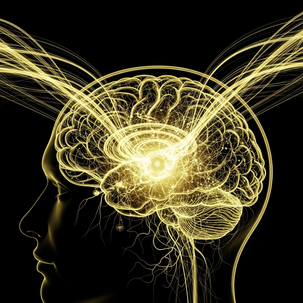 Gold leuchtende neuronale Struktur im Profil eines menschlichen Kopfes auf schwarzem Hintergrund als Symbol für Unterbewusstsein und Neuromodulation