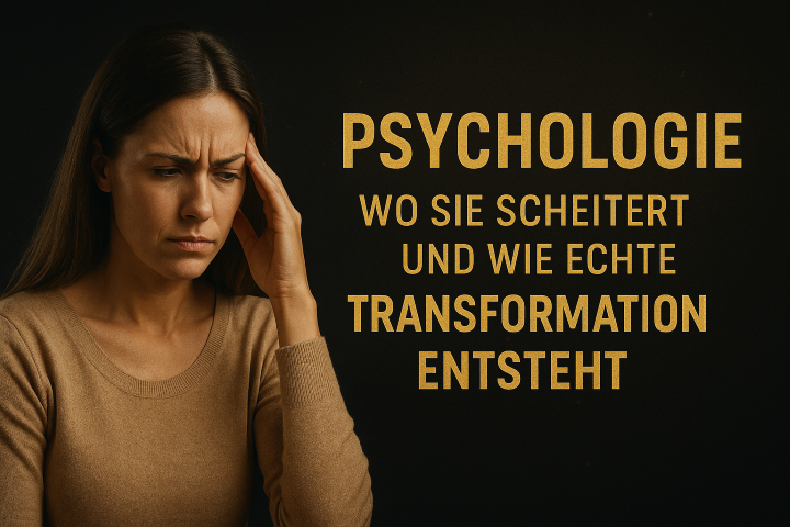 Fotorealistische Darstellung einer nachdenklichen Frau, die sich an die Stirn fasst, neben dem goldenen Text „Psychologie: Wo sie scheitert und wie echte Transformation entsteht“, symbolisiert Grenzen klassischer Psychologie und den Weg zu tiefer Veränderung.