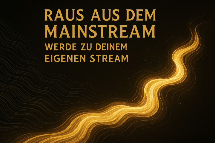 Gold-schwarze Illustration mit dem Schriftzug „Raus aus dem Mainstream – Werde zu deinem eigenen Stream“ und einem leuchtenden goldenen Energiefluss, symbolisiert Selbstbestimmung und bewusstes Aussteigen aus dem Mainstream.