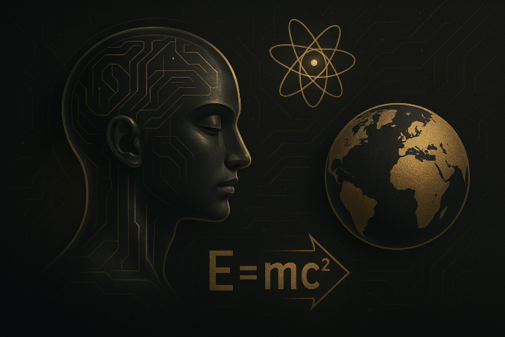 Futuristische schwarz-gold Illustration zu REMORPHING und Wissenschaft, mit menschlichem Kopf, Atommodell, Erde und E=mc², symbolisiert bewusstes Gestalten der Realität durch Energie, Frequenz und Bewusstsein.