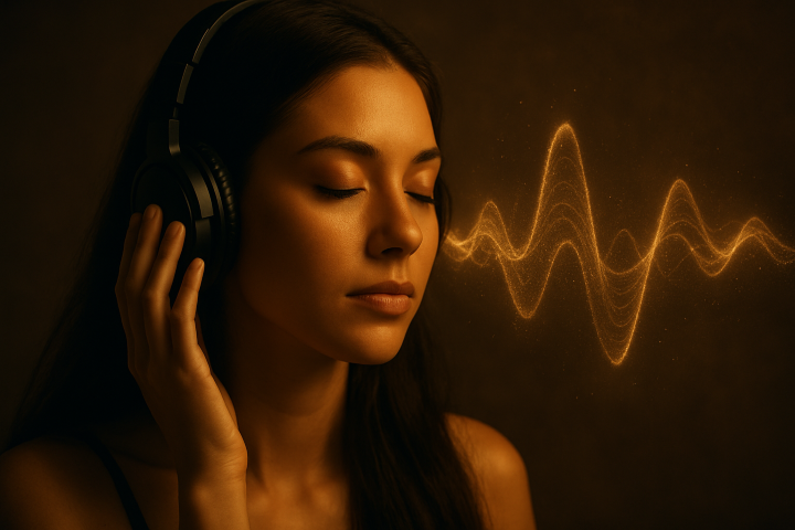 Fotorealistische Darstellung einer Frau mit geschlossenen Augen und Kopfhörern, aus deren Ohr goldene Schallwellen strömen, symbolisiert die Wirkung von Silent Subliminals als unsichtbare Kraft der Veränderung.