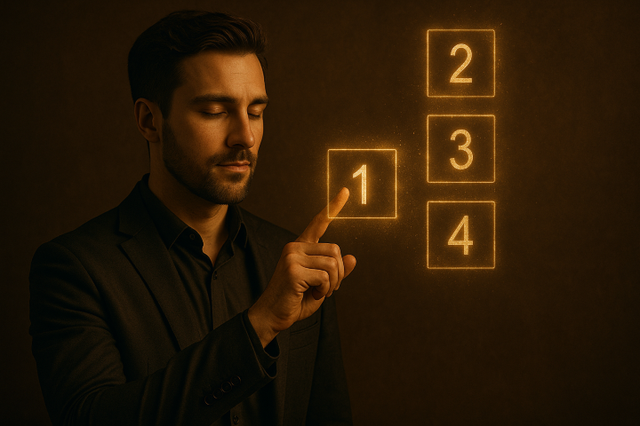 Fotorealistische Darstellung eines Mannes, der mit geschlossenen Augen eine leuchtende „1“ berührt, während daneben die Schritte 2, 3 und 4 erscheinen, symbolisiert die vier Schritte zur Veränderung des eigenen Lebens.