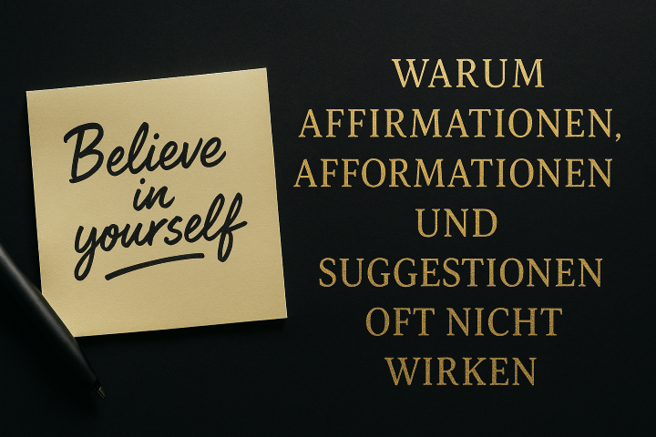 Fotorealistischer Notizzettel mit dem Satz Believe in yourself neben goldenem Text über Affirmationen, Afformationen und Suggestionen.