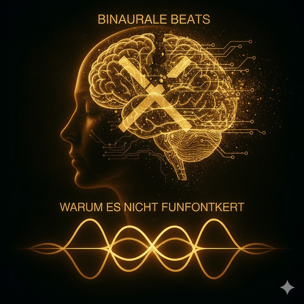 Schwarz-goldenes REMORPHING® Motiv mit seitlichem Kopfprofil, leuchtendem Gehirn mit X-Symbol und darunter laufenden Wellenformen als Visualisierung dafür, warum binaurale Beats bei vielen Menschen nicht wirken.