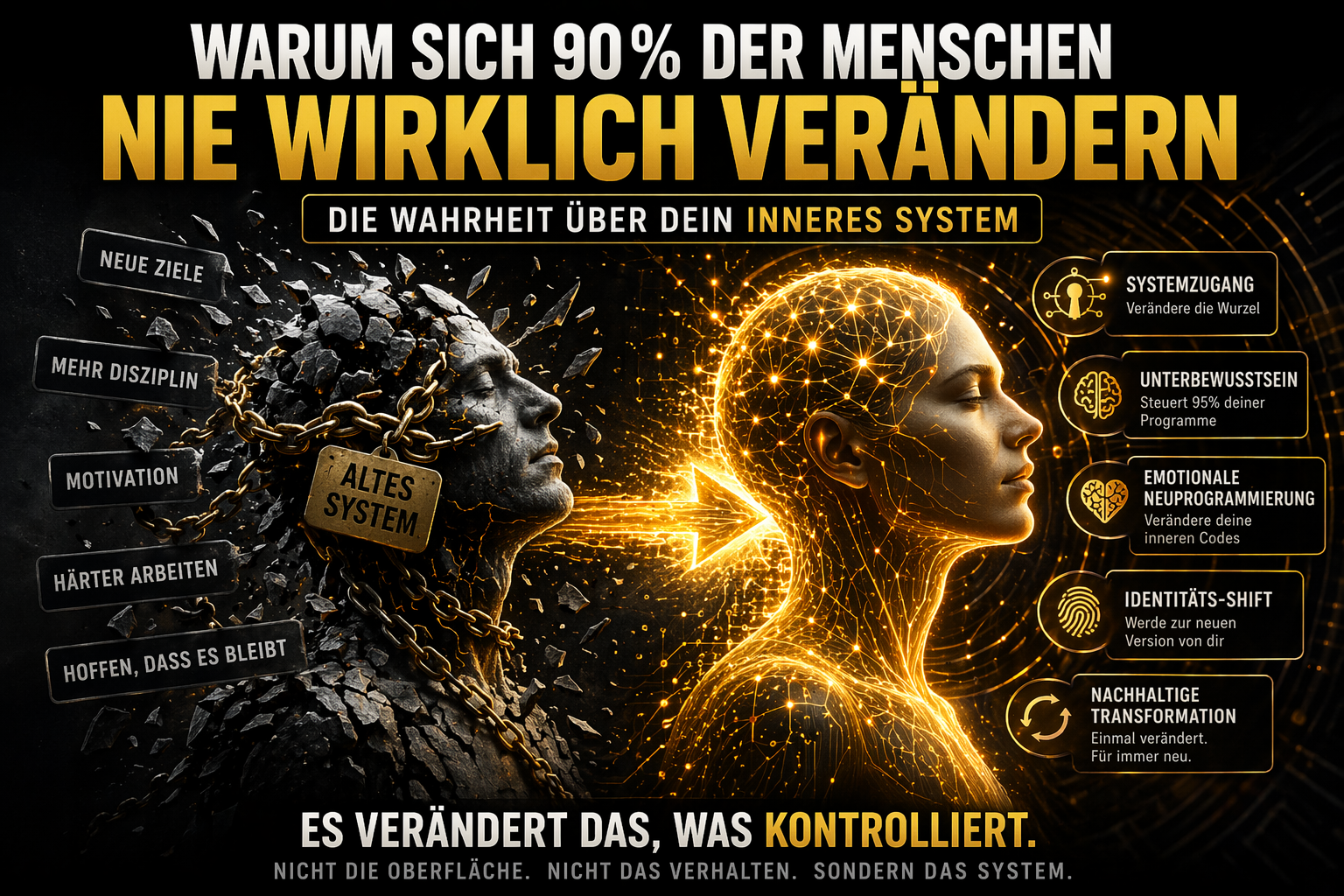 Warum sich 90 Prozent der Menschen nicht verändern, Transformation vom alten System zum neuen durch Unterbewusstsein und Identitäts-Shift