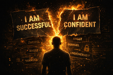 Affirmationen wirken nicht – Mensch vor widersprüchlichen Gedanken und blockierenden Glaubenssätzen im inneren System