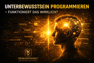 Unterbewusstsein programmieren – Mensch mit leuchtendem Gehirn und blockierenden Gedanken wie Zweifel, Angst und Mangel