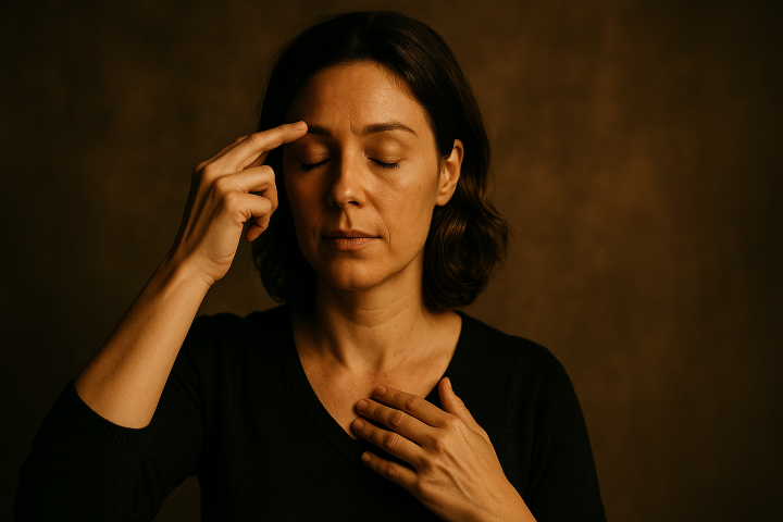Fotorealistische Nahaufnahme einer Frau, die mit geschlossenen Augen EFT-Klopftechniken an Stirn und Brust anwendet, symbolisiert das Lösen emotionaler Blockaden und den Abbau von Stress.