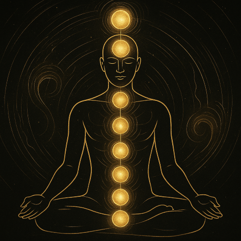 Gold-schwarze Illustration einer meditierenden Figur mit sieben leuchtenden Energiezentren, symbolisiert inneres Gleichgewicht, Transformation und bewusste Ausrichtung im Remorphing.