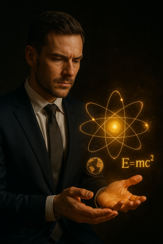 Fotorealistische Darstellung eines Mannes im Anzug, der ein leuchtendes goldenes Atom und die Formel E=mc² in seinen Händen hält, symbolisiert quantenphysikalische Realitätsschöpfung und Erfolg mit Remorphing.