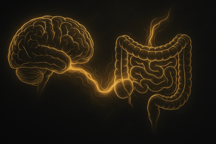 Gehirn-Darm-Verbindung im Remorphing-Stil, schwarze und goldene Illustration von Gehirn und Darm mit Energiefluss, symbolisiert bewusste Steuerung der Realität und ganzheitliche Transformation.