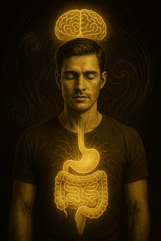 Fotorealistischer Mann im Remorphing-Stil mit leuchtendem Gehirn über dem Kopf und golden visualisiertem Magen-Darm-Trakt, der die Verbindung zwischen Denken und Verdauung symbolisiert.