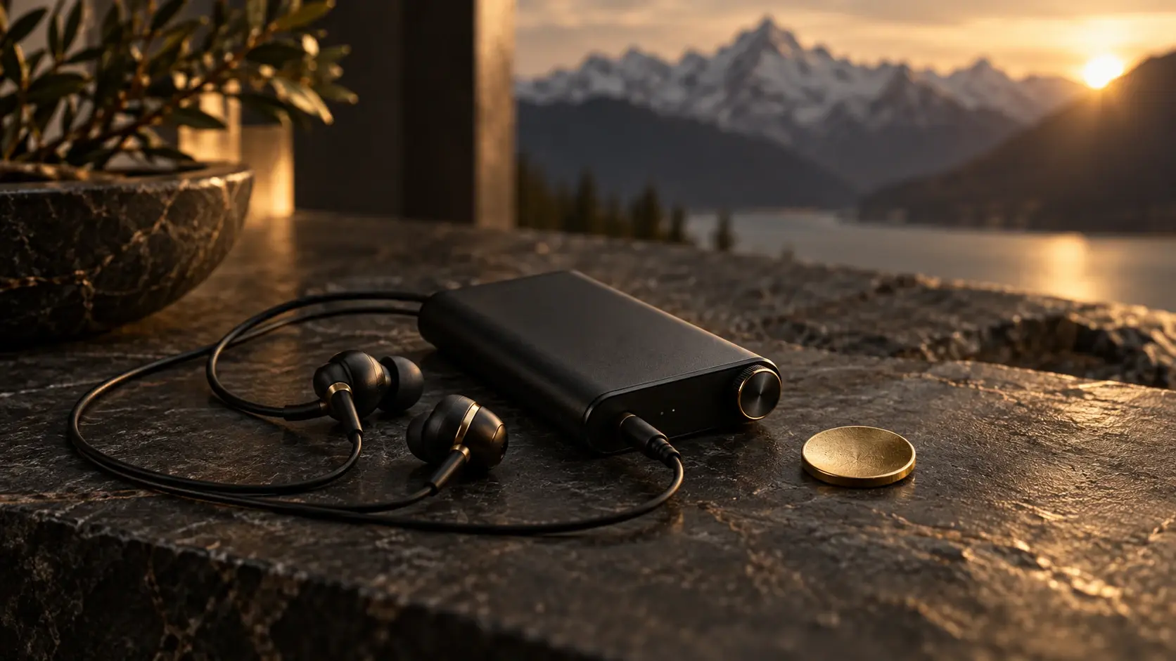 Audiogerät und Kopfhörer liegen neben einem einzelnen goldenen Zeichen auf einem Tisch