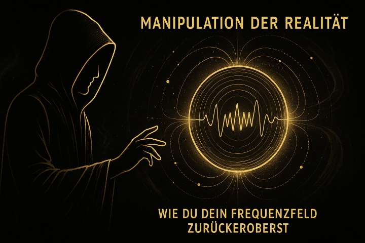 Gold-schwarze Illustration einer Kapuzenfigur, die ein schwingendes Energie-Feld berührt, symbolisiert Manipulation der Realität und die Rückeroberung des eigenen Frequenzfeldes im Remorphing.