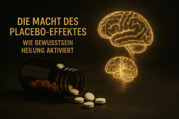 Fotorealistische Darstellung eines verschütteten Pillenglases mit weißen Tabletten, neben einem leuchtenden goldenen Gehirn, symbolisiert die Macht des Placebo-Effekts und wie Bewusstsein Heilung aktiviert.