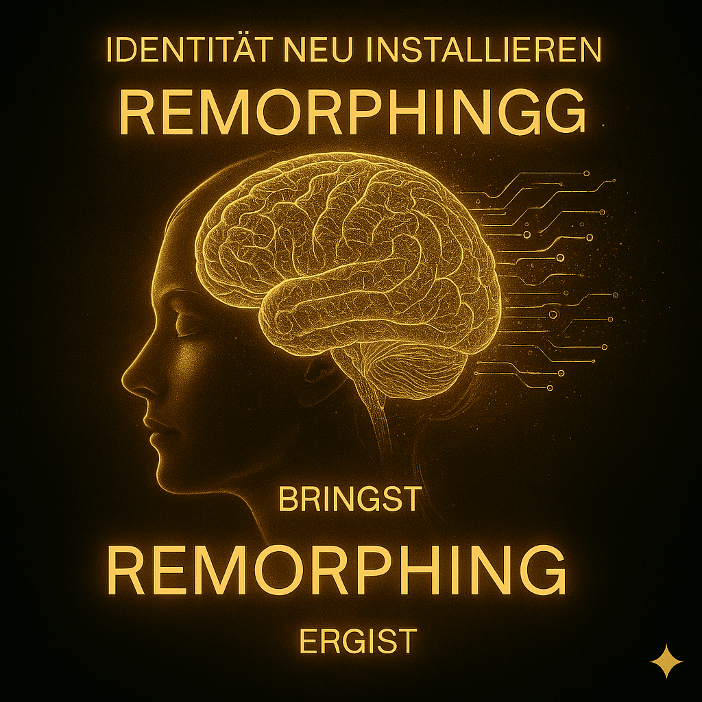 Schwarz-goldenes REMORPHING® Motiv mit seitlichem Kopfprofil, leuchtendem Gehirn als vernetzter Schaltkreis und der Überschrift „Identität neu installieren – REMORPHING“, als Symbol für das Neuprogrammieren der eigenen Identität.