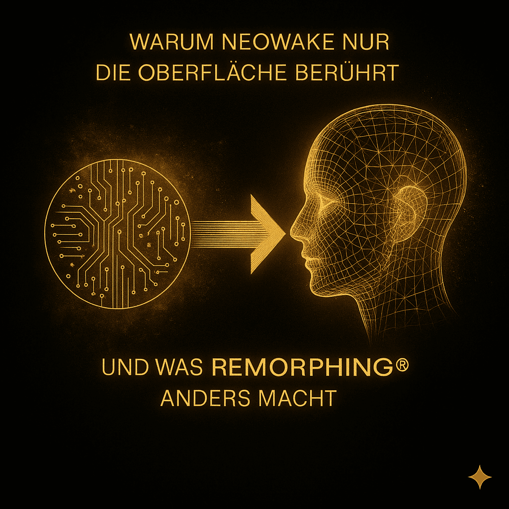 Schwarz-goldenes REMORPHING® Motiv mit leuchtender Leiterplatten-Scheibe links, Pfeil zur rechten Seite hin und einem goldenen Wireframe-Kopf, dazu der Titel „Warum NeoWake nur die Oberfläche berührt – und was REMORPHING® anders macht“ als Symbol für oberflächliche vs. tiefgreifende Transformation.