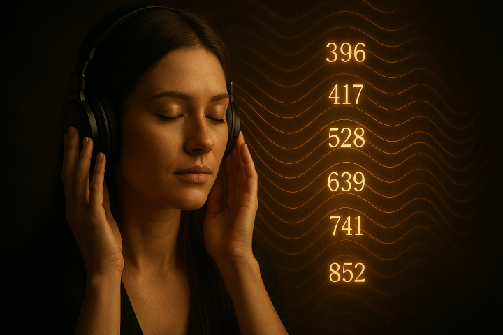 Fotorealistische Darstellung einer Frau mit geschlossenen Augen und Kopfhörern, die Solfeggio-Frequenzen wie 396, 417, 528, 639, 741 und 852 Hz hört, symbolisiert die Wirkung der Urfrequenzen im Zusammenspiel mit Remorphing.